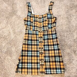 Urban Outfitters Yellow And Blue Plaid Button-Down Jumper Mini Dress Sz 4